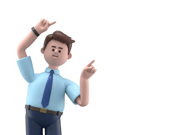 3D插图的微笑亚洲人菲利克斯手势点手指在复制空间肖像。白色背景上的3D渲染。图片下载