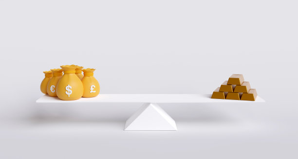 货币美元，英镑，欧元与黄金比价与白色背景。图片下载