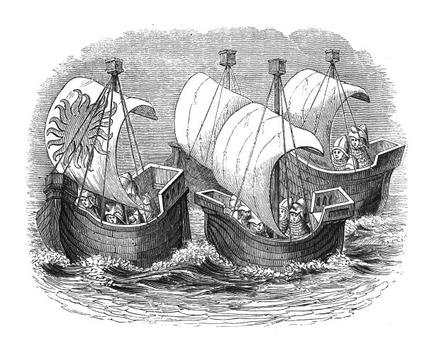 中世纪英国战船(14世纪)-古董雕刻插图图片下载