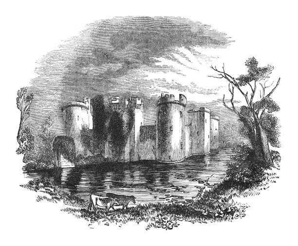 东苏塞克斯(英格兰)罗伯兹桥附近的博迪安城堡——古老的雕刻插图图片下载