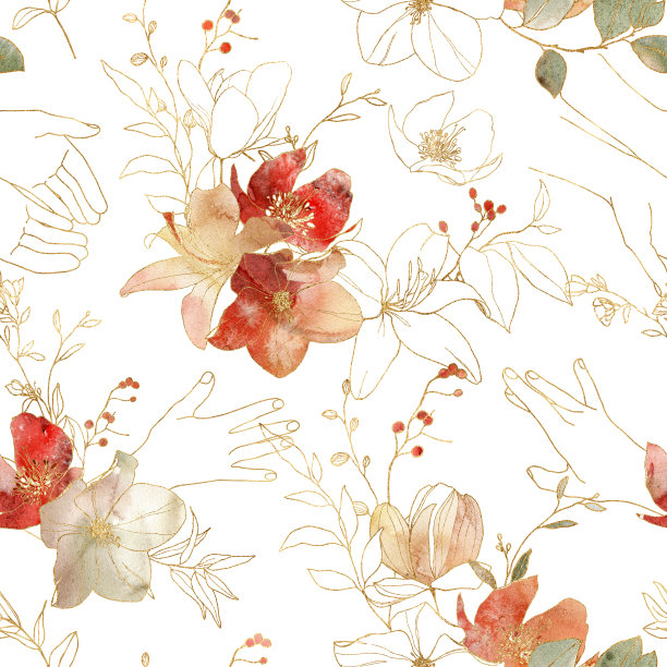 水彩画手与花的线性无缝图案。手绘抽象构图孤立在白色背景上。极简的插图设计，印刷，织物或背景。图片下载