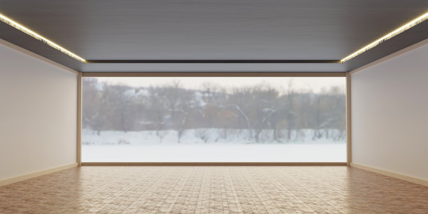 带有大镜子的房间俯瞰自然风光，开放式房间场景3D插图图片下载