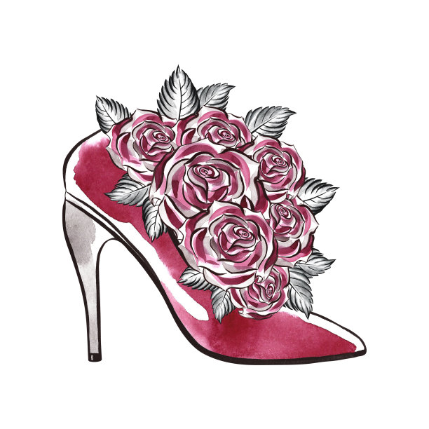 一束玫瑰。花用紫色蝴蝶结系在女式高跟鞋上。手水彩。在白色的背景上。孤立的背景。用于问候和邀请卡，标签和包装。图片下载