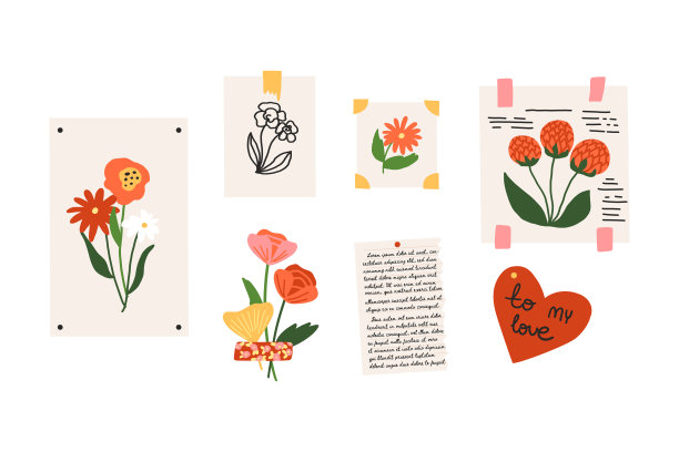 可爱的室内装饰，墙面艺术套装。海报，装饰版画，素描，和绘画，艺术品与大头针和Washi胶带，贺卡，难忘的纸与文字，文章。向量画廊。图片下载