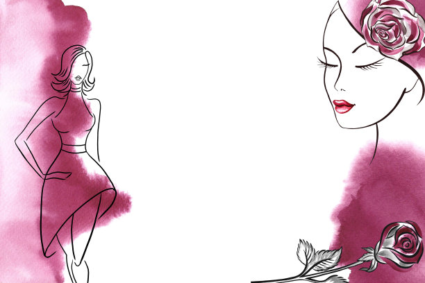 美丽与时尚。框架与紫色水彩污渍和一个女孩与玫瑰。水彩手绘插图。在白色的背景上。用于化妆品、明信片、名片、标签。图片下载