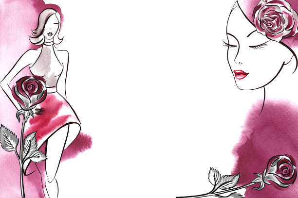 美丽与时尚。框架与紫色水彩污渍和一个女孩与玫瑰。水彩手绘插图。在白色的背景上。用于化妆品、明信片、名片、标签。图片下载