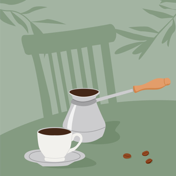 时髦的极简主义方形卡片，土耳其壶和咖啡杯在咖啡馆的桌子上。Cezve手工酿造。厨房的当代墙面艺术。夏天的户外餐厅场景。矢量平面图图片下载