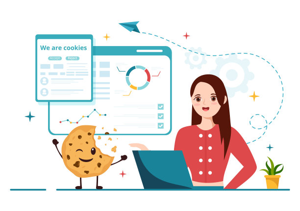 互联网Cookie技术的插图与跟踪Cookie记录浏览网站在平面卡通手绘登陆页模板图片下载
