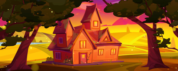 房子靠近树和夕阳下的乡村田野图片下载