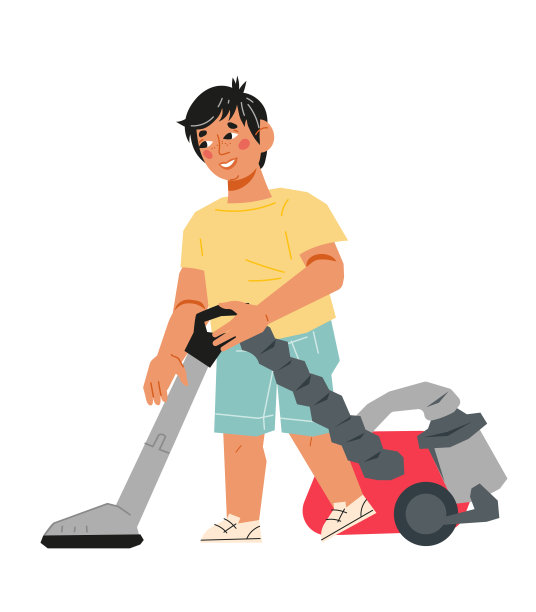 男孩做家务和吸尘地板，平面矢量说明孤立。图片下载