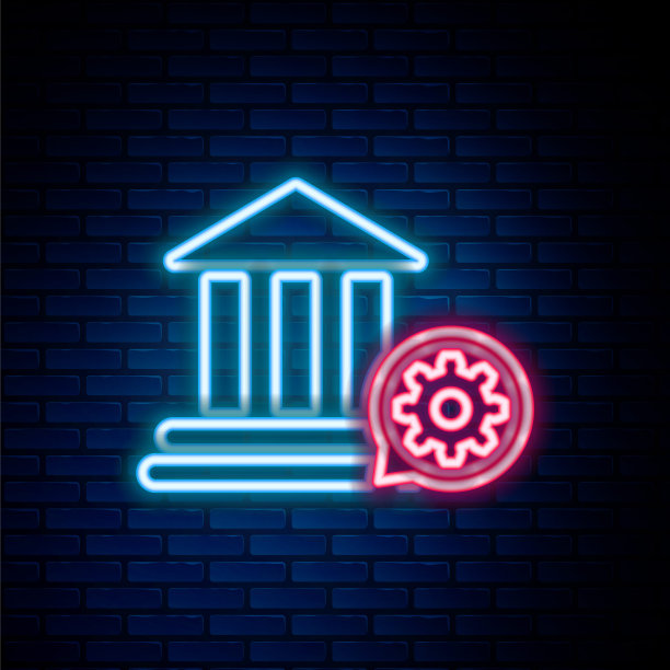 发光的霓虹灯线银行建筑和齿轮图标隔离在砖墙背景。调整应用程序，服务理念，设置选项，维护，维修，固定。彩色轮廓概念。向量图片下载