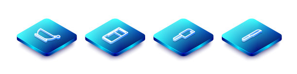 设置等距线臼和杵，冰箱，肉刀和面包刀图标。向量图片下载