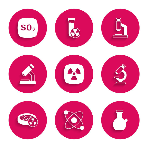 设置放射性，原子，试管，显微镜，有毒液体，和二氧化硫SO2图标。向量图片下载