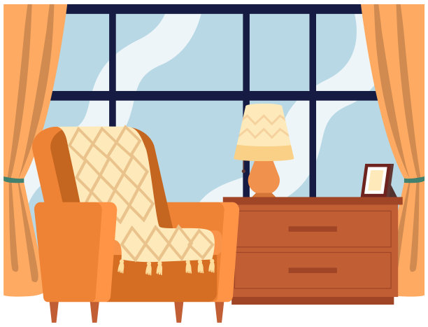 舒适的客厅，有窗户和窗帘。可爱的室内家具和装饰图片下载