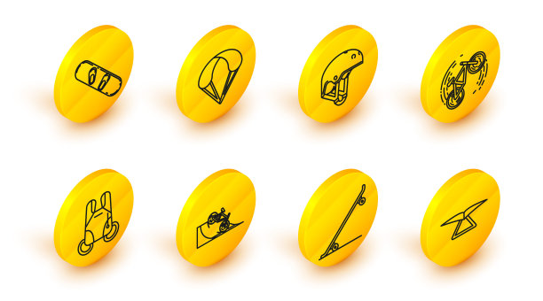 设置线悬挂滑翔机，滑板，自行车在街道斜坡，降落伞，把戏，头盔，和滑雪板图标。向量图片下载