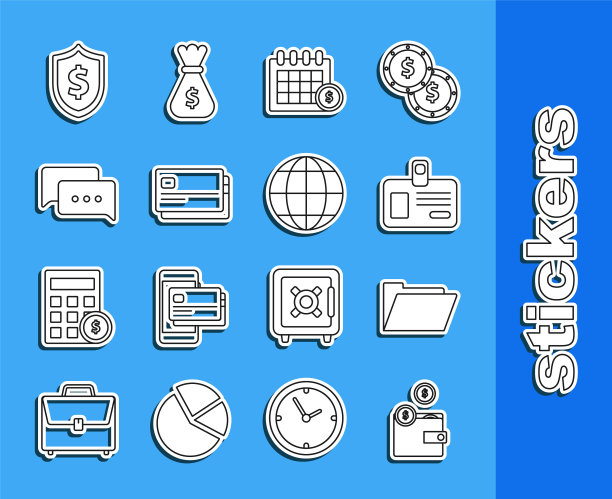 设置线钱包与硬币，文件文件夹，身份徽章，财务日历，信用卡，语音泡泡聊天，盾元符号和地球图标。向量图片下载