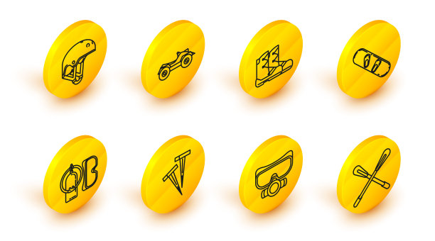 集线交叉桨，潜水面具，帐篷，和水滑梯，滑雪板，靴子，全地形车辆亚视摩托车和头盔图标。向量图片下载