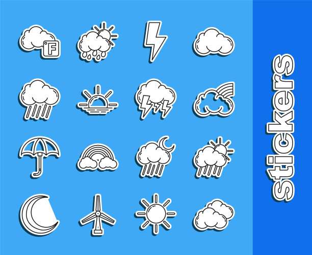 集线云，与雨和太阳，彩虹云，闪电，日出，华氏度和风暴图标。向量图片下载