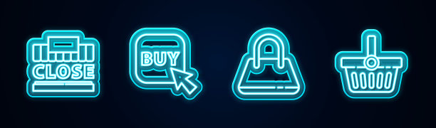 设置线购物大楼和文字关闭，购买按钮，手提包和篮子。发光的霓虹灯图标。向量图片下载
