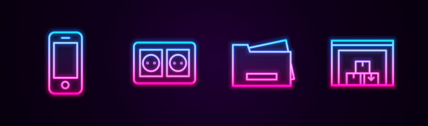设置电话线智能手机，电源插座，打印机和仓库。发光的霓虹灯图标。向量图片下载