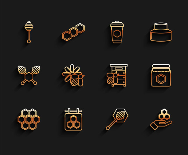 集线蜂巢，悬挂标志与蜂巢，勺棒，手，蜜蜂花，瓶和蜂箱为蜜蜂图标。向量图片下载