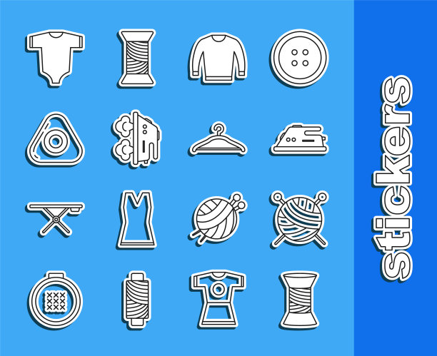 集线缝纫线在线轴，纱线球与针织针，电熨斗，毛衣，粉笔，婴儿衣服和衣架衣柜图标。向量图片下载