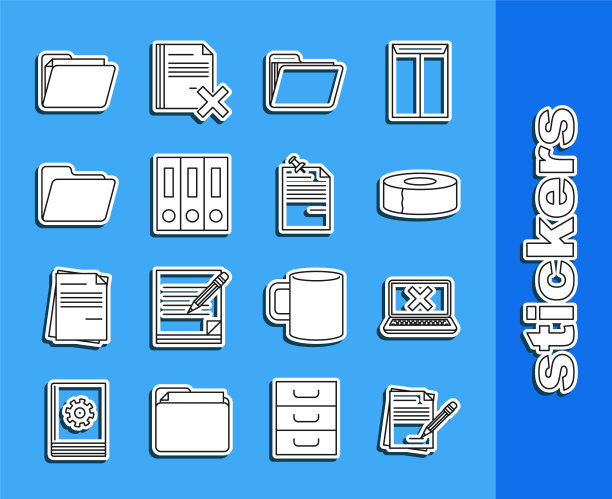 设置线空白笔记本和铅笔与橡皮擦，笔记本电脑在屏幕上的十字标记，苏格兰，文件文件夹，办公室文件夹文件文件，和便签钉按钮图标。向量图片下载