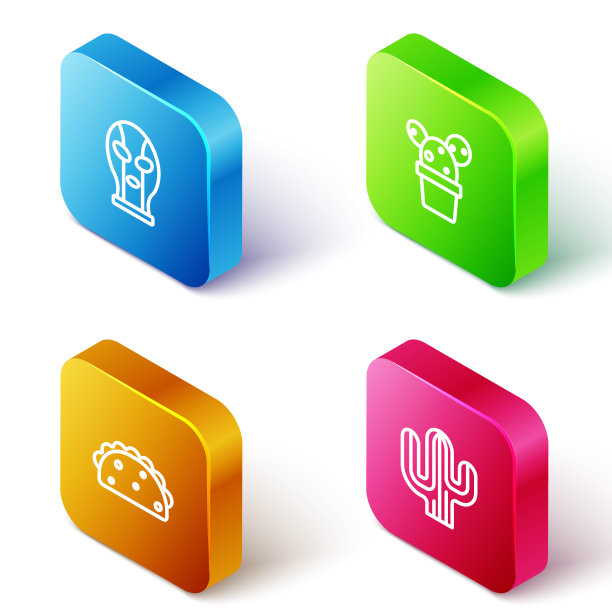 设置等长线墨西哥摔跤手，仙人掌或多汁在锅，墨西哥玉米卷和图标。向量图片下载