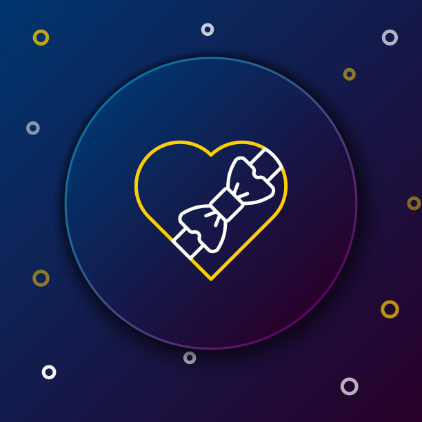 线糖果在心形盒子和弓形图标孤立的蓝色背景。情人节。彩色轮廓概念。向量图片下载