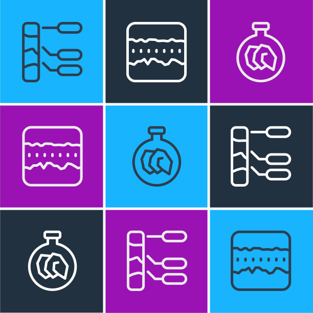 设置线土壤分析，展览与矿物，岩石和地面层图标。向量图片下载