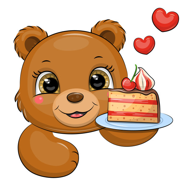 一只可爱的卡通棕熊正拿着一个装有蛋糕的盘子。图片下载