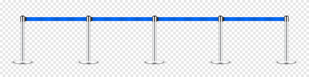 现实的蓝色可伸缩皮带支柱。人群控制隔离带。队列。限制边界和危险胶带。注意，警告标志。矢量图图片下载