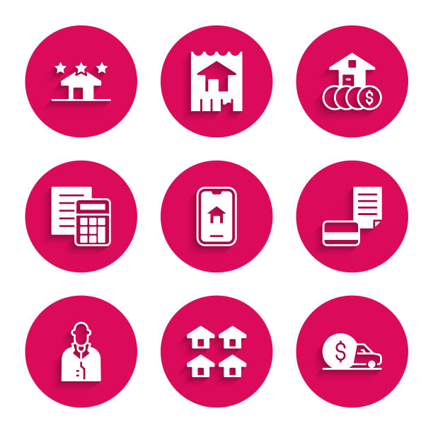 设置在线房地产，真实，汽车租赁，信用卡，房地产经纪人，计算器，房子与美元和图标。向量图片下载