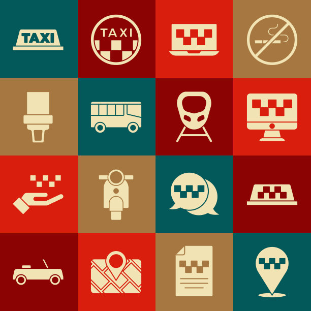 设置位置与出租车，出租车车顶，电脑呼叫服务，笔记本电脑，公共汽车，安全带，和高铁图标。向量图片下载