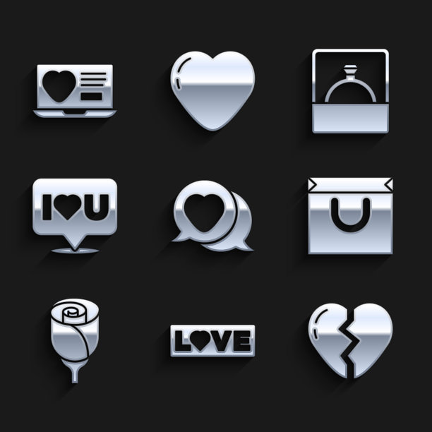 Set Heart in speech bubble, Love text, Broken Heart，购物袋，花玫瑰，我爱你的演讲，钻石订婚戒指和约会应用程序在线图标。向量图片下载