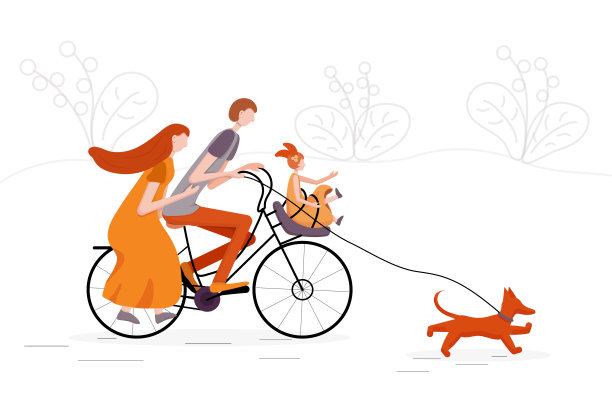 家庭旅行自行车与狗。世界自行车日。父母和孩子骑自行车。矢量图图片下载