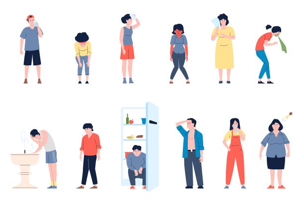 运动后中暑和脱水。成人中暑症状，夏季晴热。高温，受热平坦近期矢量特征图片下载