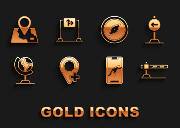 设置位置，交通标志左转，停车屏障，城市地图导航，地球仪，指南针，折叠位置标记和道路交通图标。向量图片下载