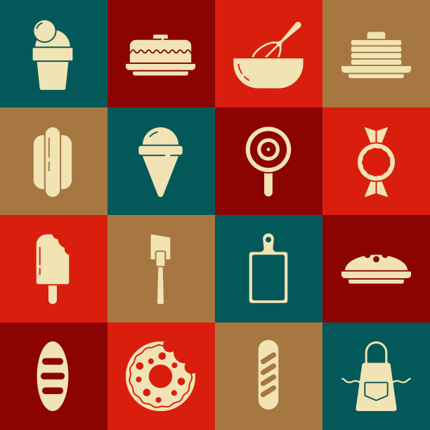 设置厨房围裙，自制派，糖果，搅拌碗，冰淇淋在华夫蛋筒，热狗三明治，和棒棒糖图标。向量图片下载