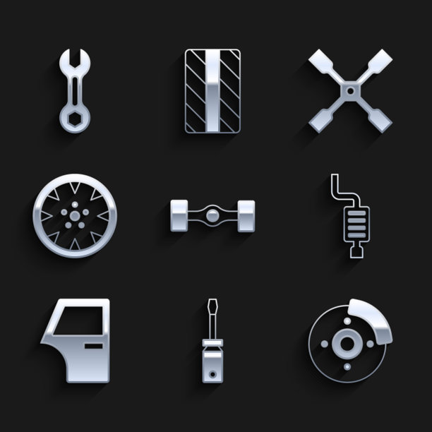 设置底盘汽车，螺丝刀，汽车制动盘卡钳，消声器，门，合金车轮，车轮扳手和扳手扳手图标。向量图片下载