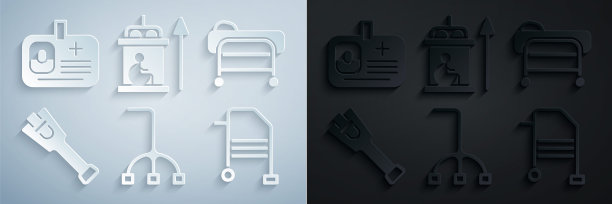 设置手杖，担架，假肢腿，助行器，残疾人电梯和识别徽章图标。向量图片下载