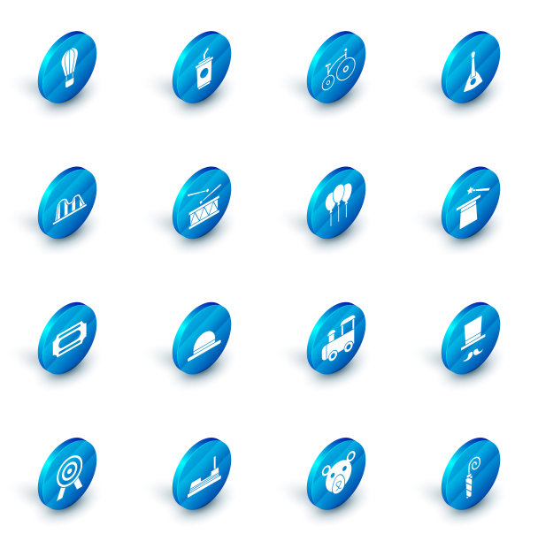 纸玻璃与水，古董自行车，巴拉莱卡，过山车，马戏团票，鼓槌，魔术帽和魔杖和气球彩带图标。向量图片下载