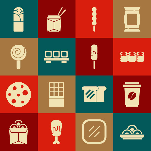 将亚洲面条放在碗里，咖啡杯带走，寿司，棒棒糖，在砧板上，多纳烤肉串和冰淇淋图标。向量图片下载