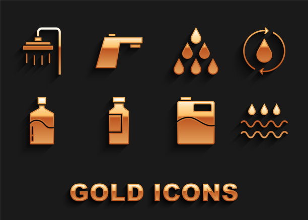 设置瓶水，回收清洁水，波滴，大瓶，水，淋浴和水龙头图标。向量图片下载