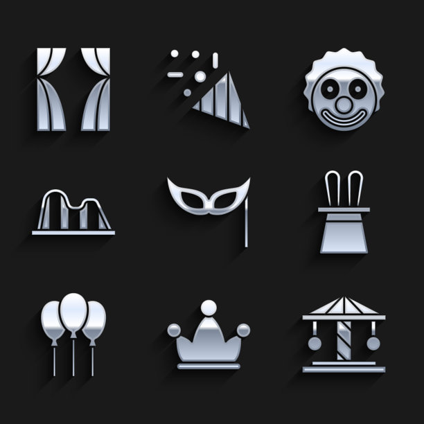 集节日面具，小丑帽子与铃铛，吸引旋转木马，魔术师和兔子耳朵，气球丝带，过山车，小丑头和马戏团的帷幕升起图标。向量图片下载