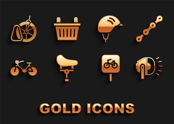 设置自行车座，链条，头灯，停车，头盔，和篮子图标。向量图片下载