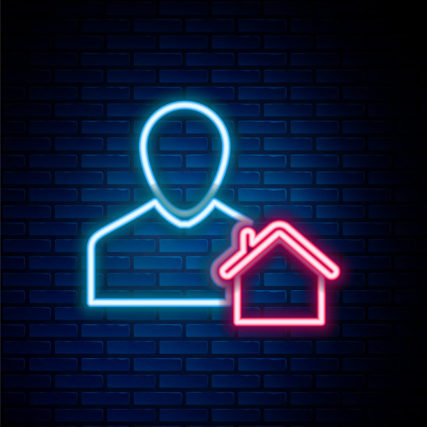发光的霓虹灯线房地产经纪人图标隔离在砖墙背景。买房子。彩色轮廓概念。向量图片下载