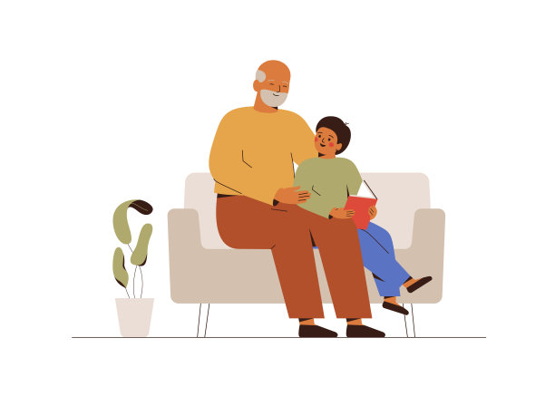 小男孩和爷爷一起读这本书。成熟的男人会在家里和孙子聊天。照顾孩子的概念。矢量图图片下载