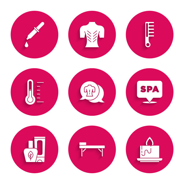 设置按摩，桌子，香薰蜡烛，水疗沙龙，药膏膏管，桑拿温度计，梳子和移液管图标。向量图片下载