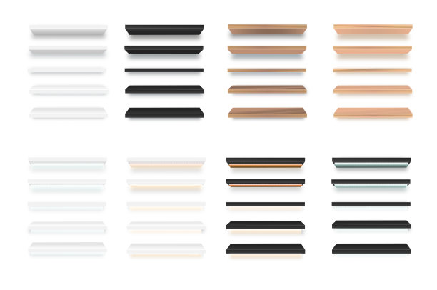 各种空木制货架的商店设置。杂货架。向量图片下载